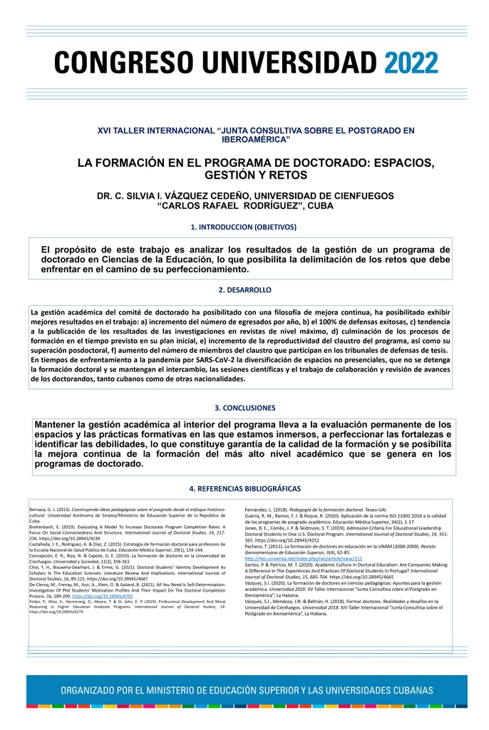 POS-022: LA FORMACIÓN EN EL PROGRAMA DE DOCTORADO: ESPACIOS, GESTIÓN Y RETOS