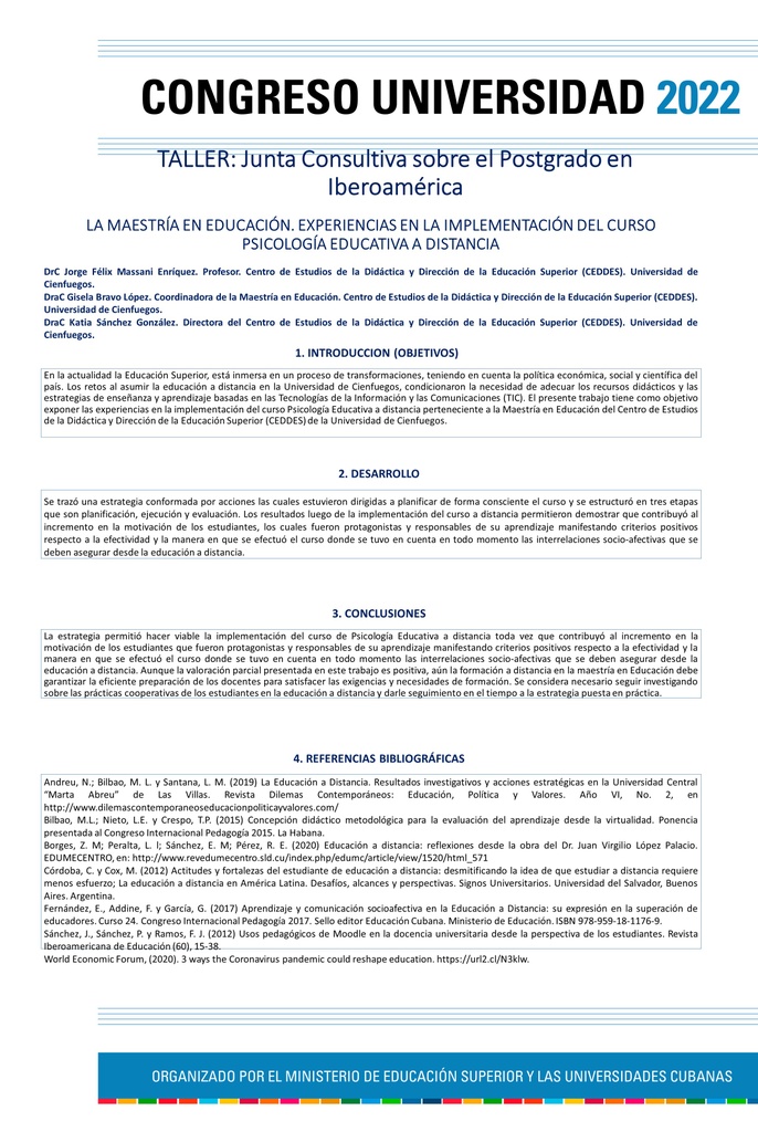 POS-015: LA MAESTRÍA EN EDUCACIÓN. EXPERIENCIAS EN LA IMPLEMENTACIÓN DEL CURSO PSICOLOGÍA EDUCATIVA