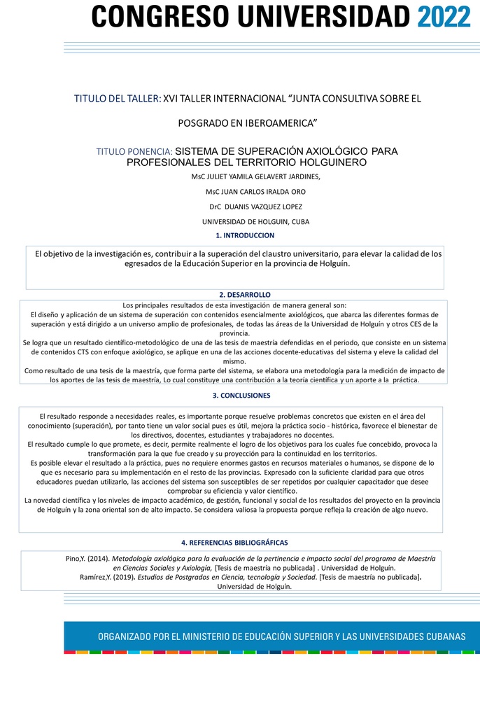 POS-020: Sistema de superación axiológico para profesionales del territorio holguinero.