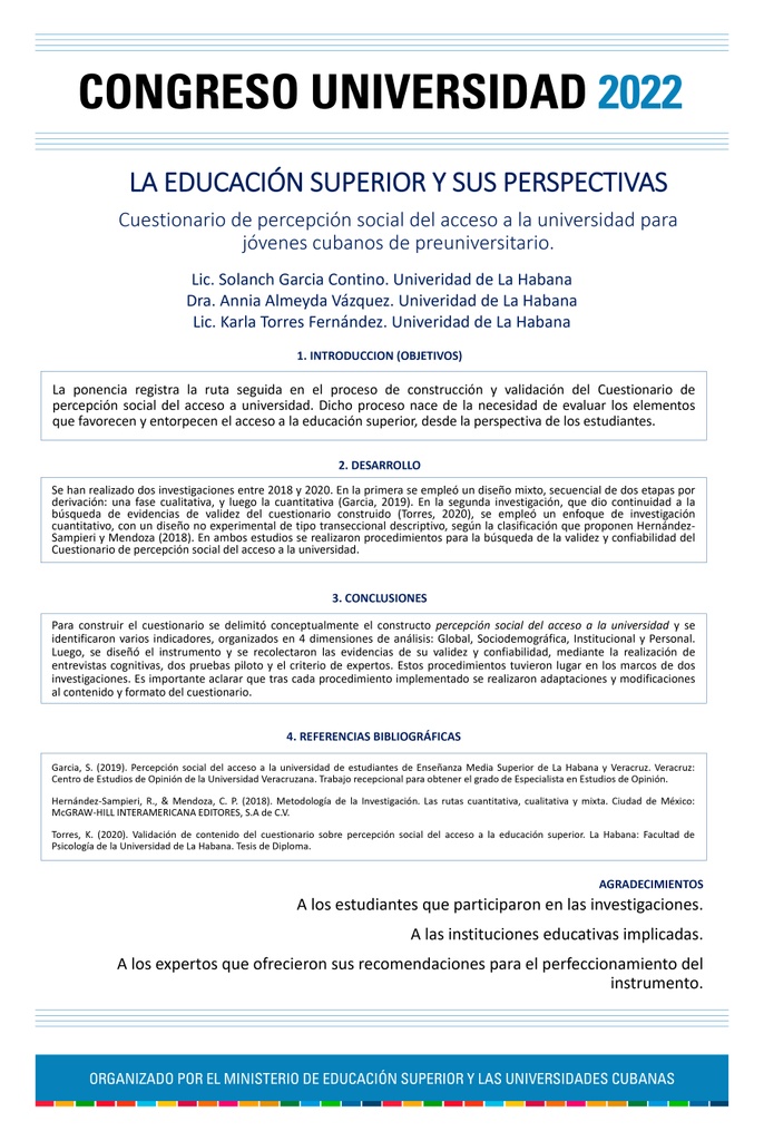 PER-020. Cuestionario de percepción social del acceso a la universidad para jóvenes cubanos de preuniversitario.