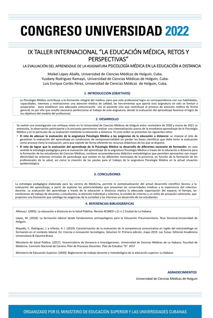 LA EVALUACIÓN DEL APRENDIZAJE DE LA ASIGNATURA PSICOLOGÍA MÉDICA EN LA EDUCACIÓN A DISTANCIA