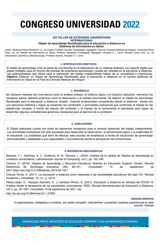 OBJETO DE APRENDIZAJE REUTILIZABLE PARA LA EDUCACIÓN A DISTANCIA EN SISTEMAS DE INFORMACIÓN EN SALUD