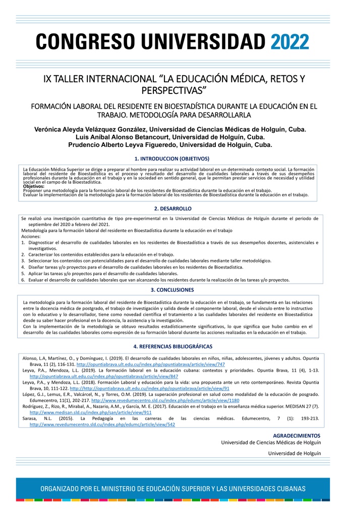 FORMACIÓN LABORAL DEL RESIDENTE EN BIOESTADÍSTICA DURANTE LA EDUCACIÓN EN EL TRABAJO. METODOLOGÍA PARA DESARROLLARLA