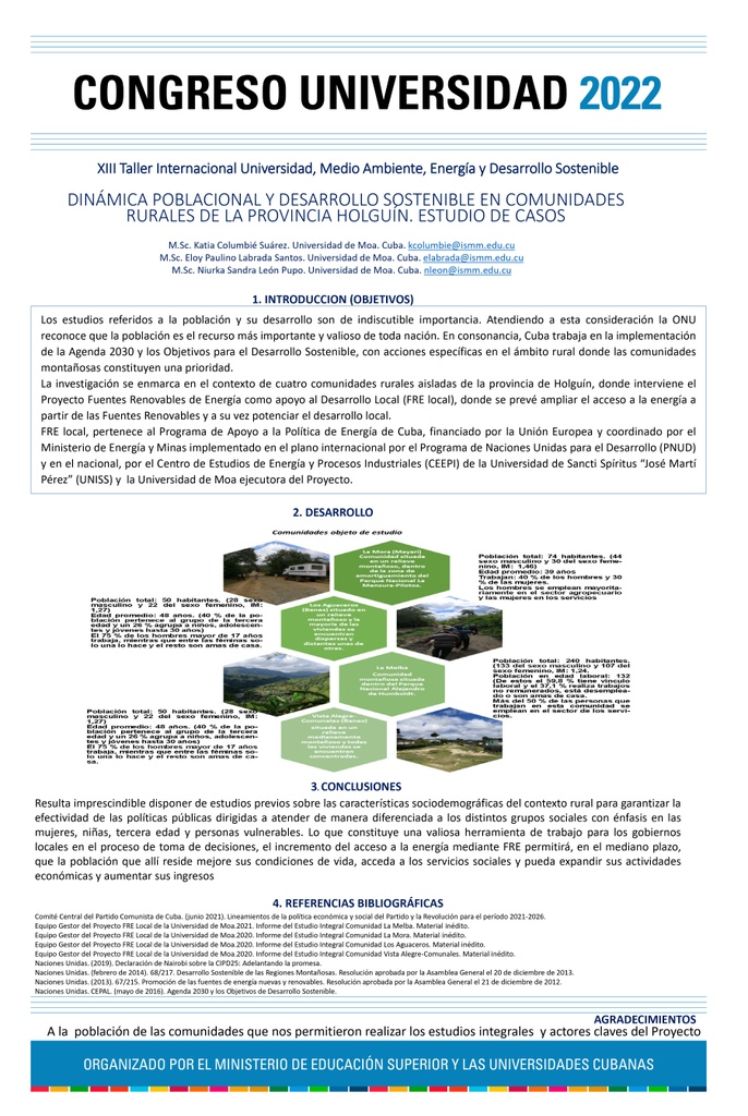 031 Dinámica poblacional y desarrollo sostenible en las comunidades rurales de la provincia Holguín, estudio de casos.