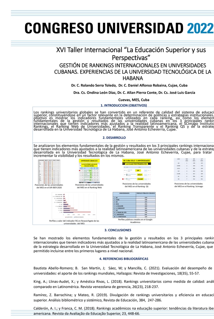 PER-042. GESTIÓN DE RANKINGS INTERNACIONALES EN UNIVERSIDADES CUBANAS. EXPERIENCIAS DE LA UNIVERSIDAD TECNOLÓGICA DE LA HABANA