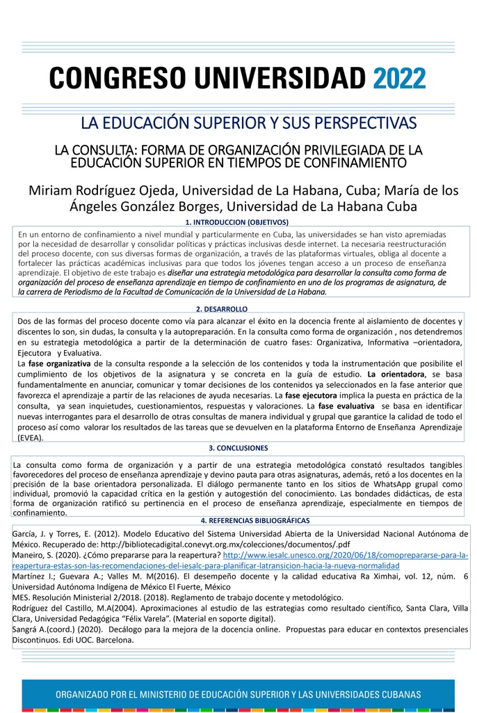 PER-036. La consulta: forma de organización privilegiada de la educación superior en tiempos de confinamiento.