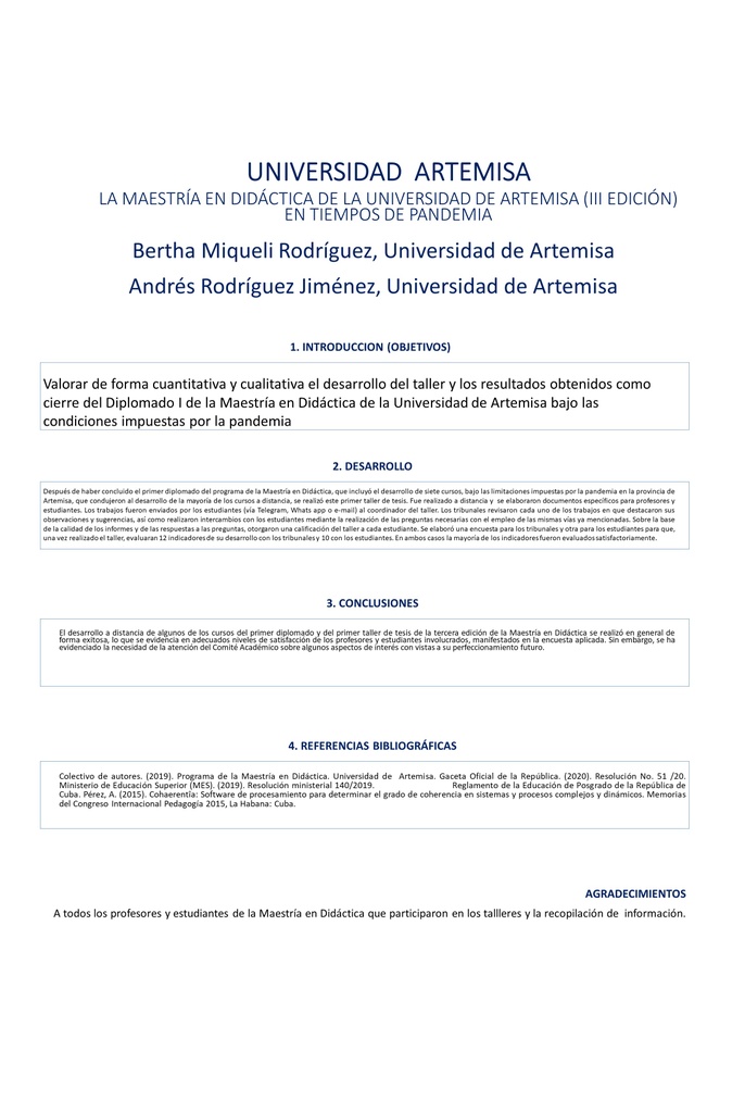 POS-012: LA MAESTRÍA EN DIDÁCTICA DE LA UNIVERSIDAD DE ARTEMISA (III EDICIÓN) EN TIEMPOS DE PANDEMIA