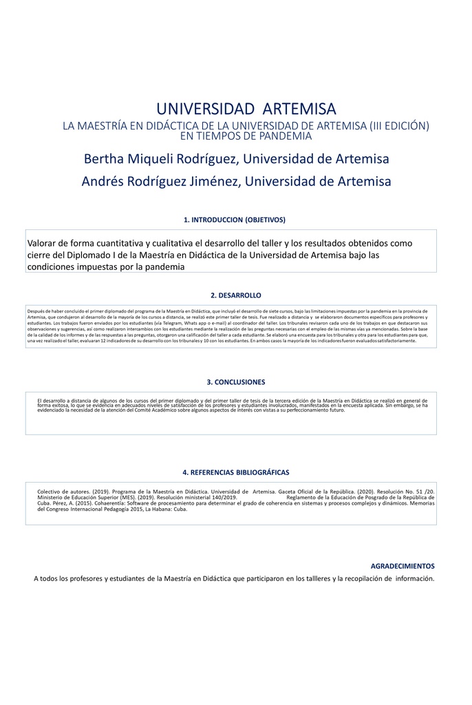 POS-012: LA MAESTRÍA EN DIDÁCTICA DE LA UNIVERSIDAD DE ARTEMISA (III EDICIÓN) EN TIEMPOS DE PANDEMIA