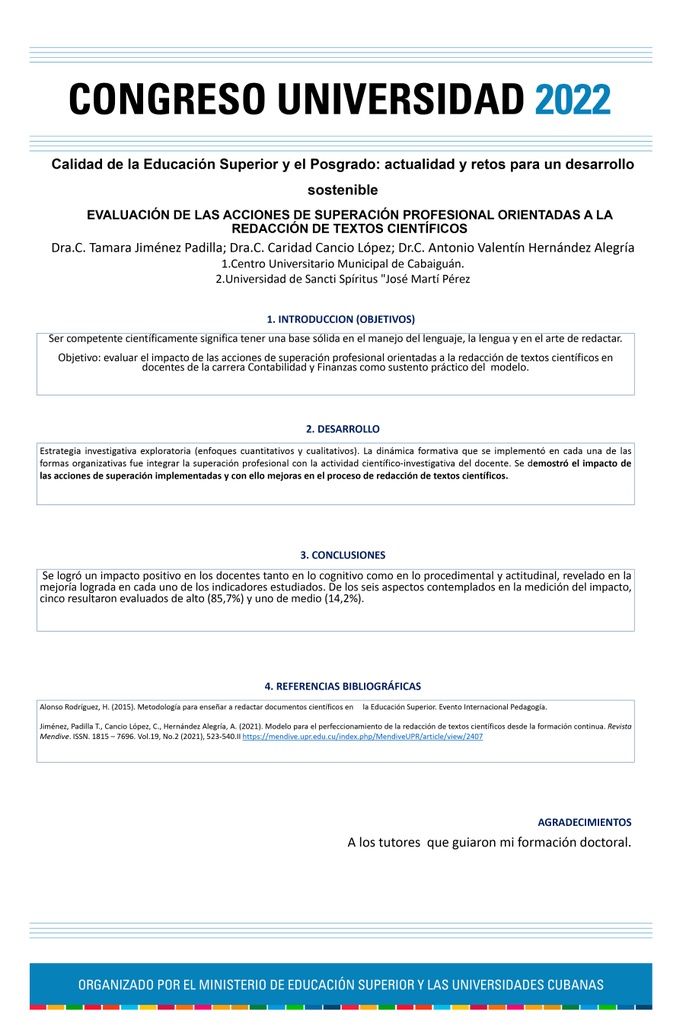 POS-010: EVALUACIÓN DE LAS ACCIONES DE SUPERACIÓN PROFESIONAL ORIENTADAS A LA REDACCIÓN DE TEXTOS CIENTÍFICOS