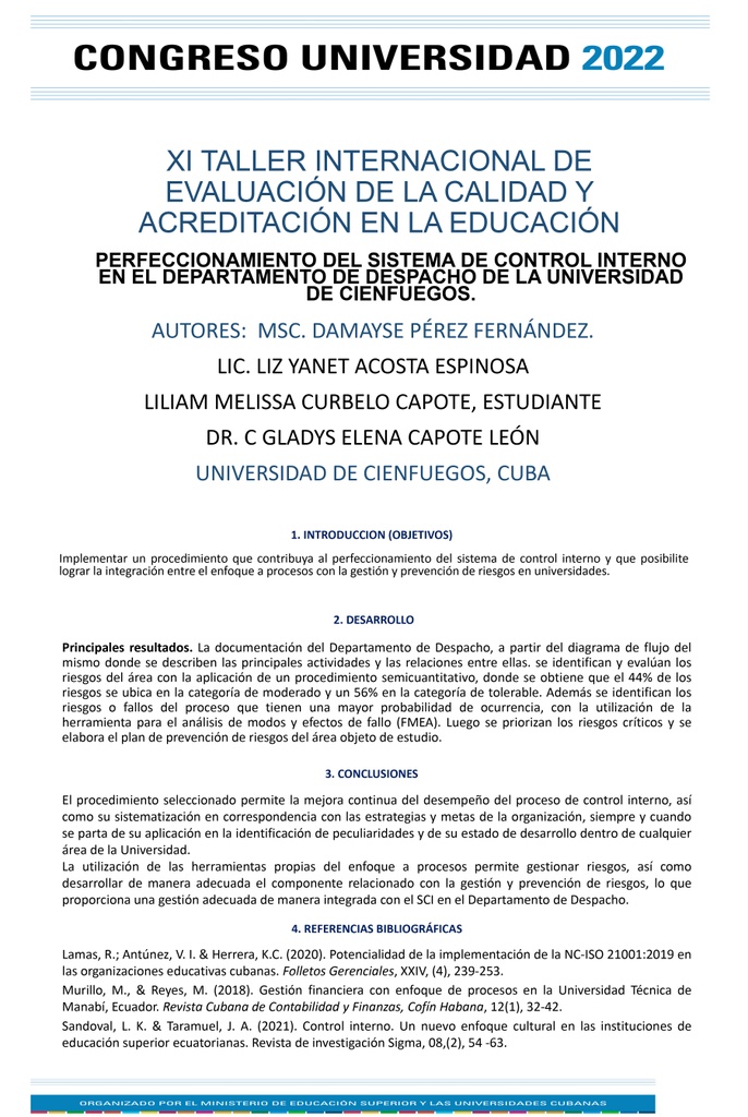 PER-106. Perfeccionamiento del sistema de control interno en el Departamento de Despacho de la Universidad de Cienfuegos