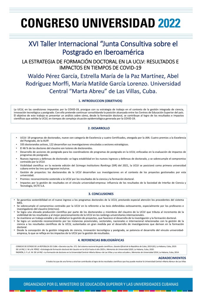 POS-014: LA ESTRATEGIA DE FORMACIÓN DOCTORAL EN LA UCLV: RESULTADOS E IMPACTOS EN TIEMPOS DE COVID-19