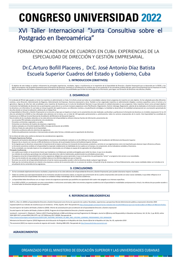 POS-045: FORMACION ACADEMICA DE CUADROS EN CUBA: EXPERIENCIAS DE LA ESPECIALIDAD DE DIRECCIÓN Y GESTIÓN EMPRESARIAL