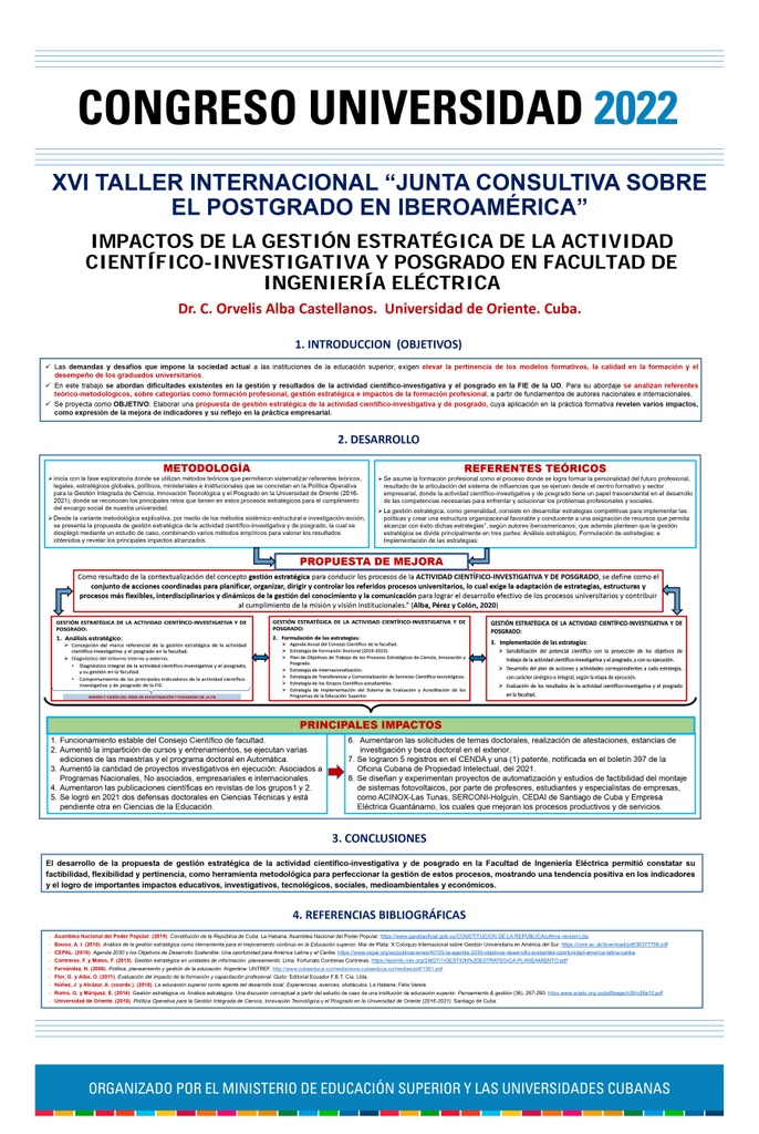 POS-034: IMPACTOS DE LA GESTIÓN DE LA ACTIVIDAD CIENTÍFICO INVESTIGATIVA Y POSGRADO EN FACULTAD DE INGENIERÍA ELÉCTRICA.