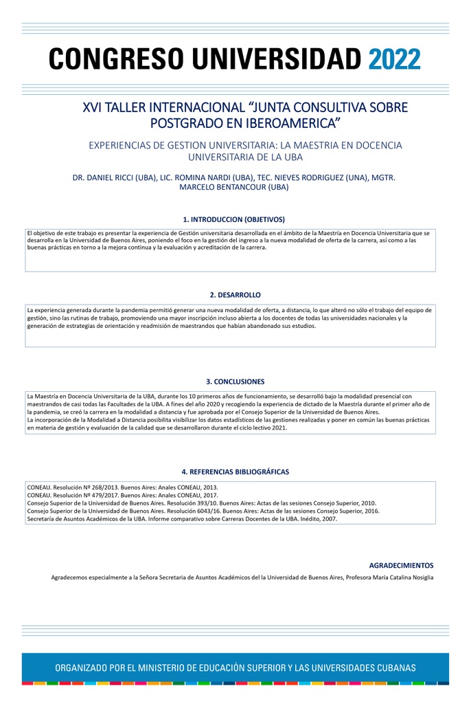 POS-001: Experiencias de gestión universitaria: la Maestría en Docencia Universitaria de la UBA