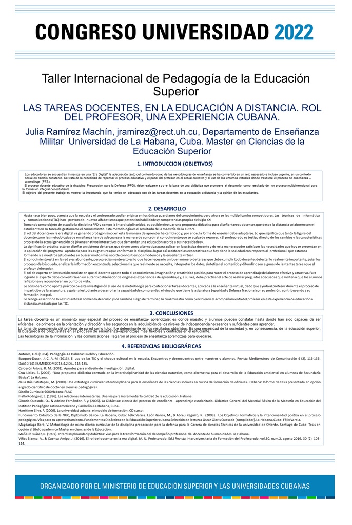 PED-100. Las tareas docentes, en la educación a distancia. Rol del profesor, una experiencia cubana.