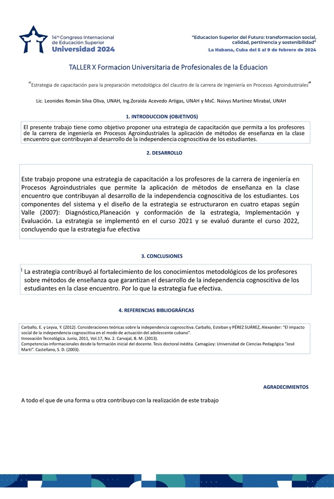 FOR- 222 Estrategia de capacitación para la preparación metodológica del claustro de la carrera Ingeniería en Procesos Agroindustriales