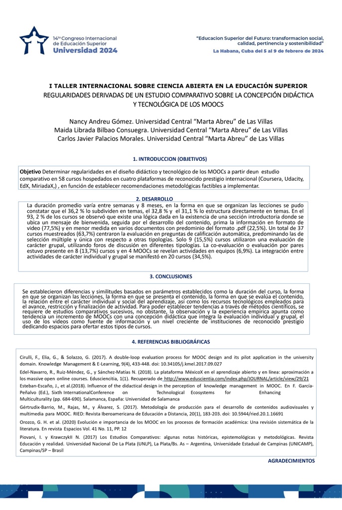 REGULARIDADES DERIVADAS DE UN ESTUDIO COMPARATIVO SOBRE LA CONCEPCIÓN DIDÁCTICA Y TECNOLÓGICA DE LOS MOOCS