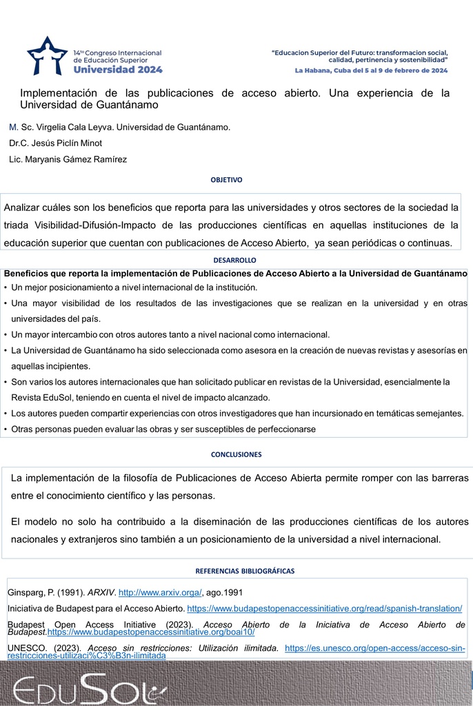 IMPLEMENTACIÓN DE LAS PUBLICACIONES DE ACCESO ABIERTO. UNA EXPERIENCIA DE LA UNIVERSIDAD DE GUANTÁNAMO