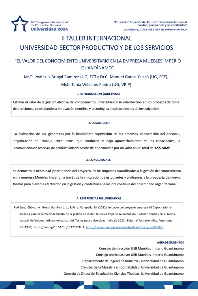 UNE- 120 EL VALOR DEL CONOCIMIENTO UNIVERSITARIO EN LA EMPRESA MUEBLES IMPERIO GUANTÁNAMO