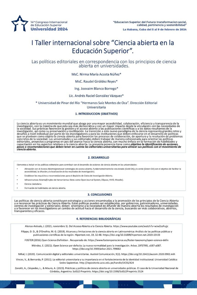 Las políticas editoriales en correspondencia con los principios de ciencia abierta en universidades