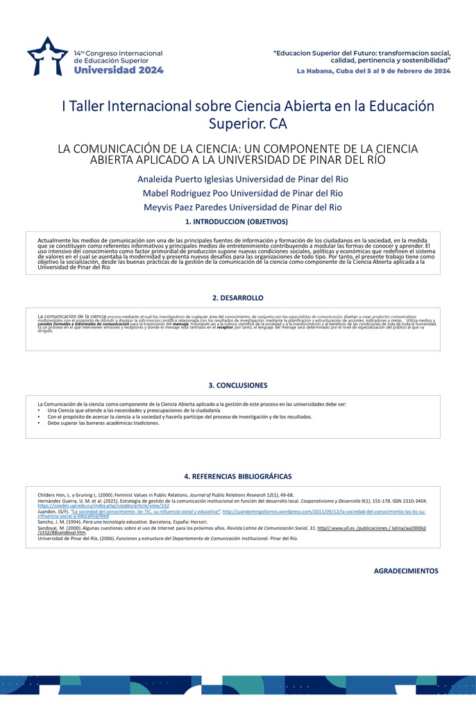 La Comunicación de la ciencia: un componente de la ciencia Abierta aplicado a la Universidad de Pinar del Río