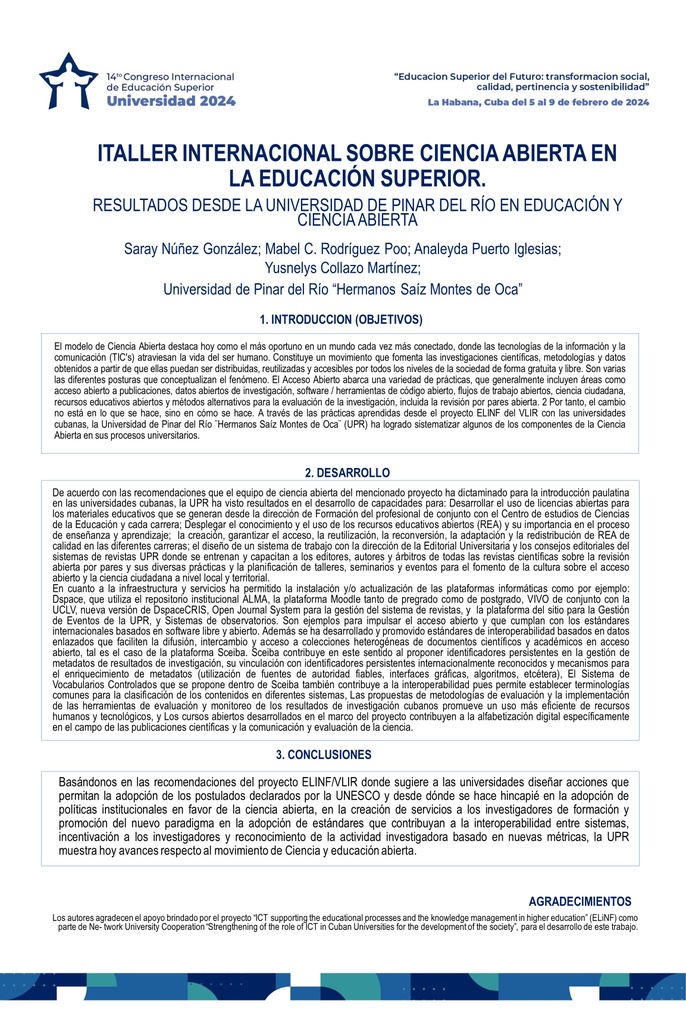 Resultados desde la Universidad de Pinar del Río en educación y ciencia abierta