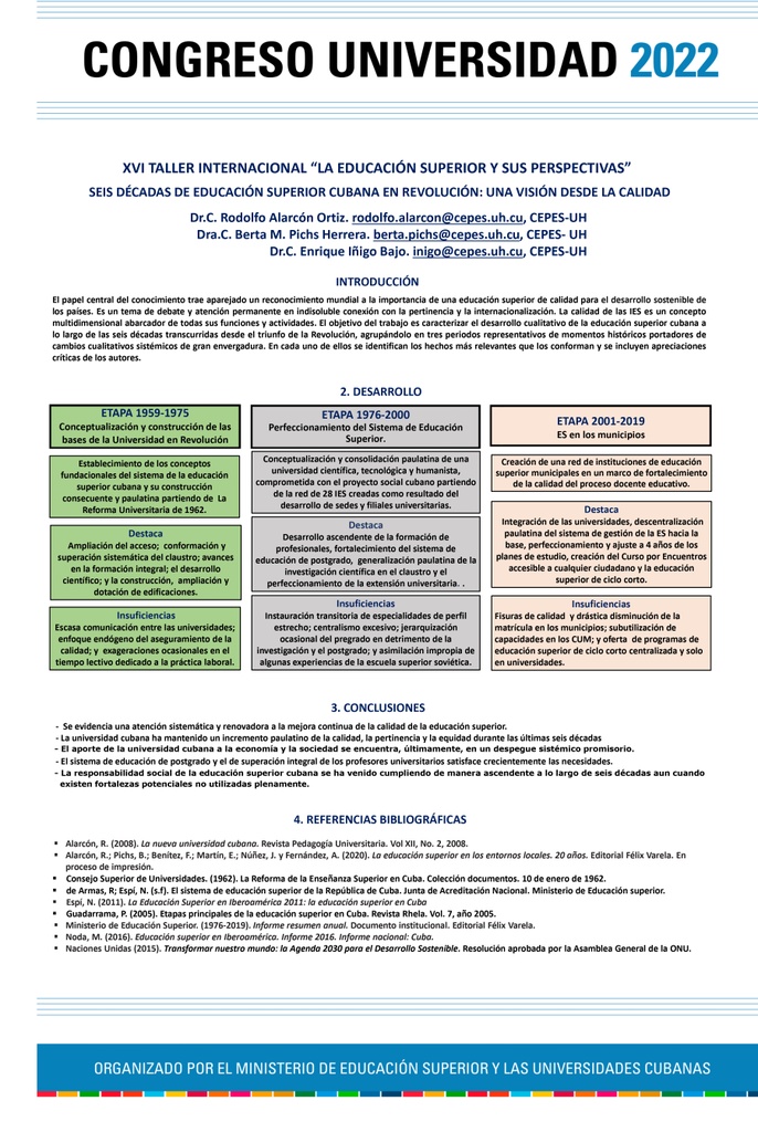 PER-001.SEIS DÉCADAS DE EDUCACIÓN SUPERIOR CUBANA EN REVOLUCIÓN: UNA VISIÓN DESDE LA CALIDAD