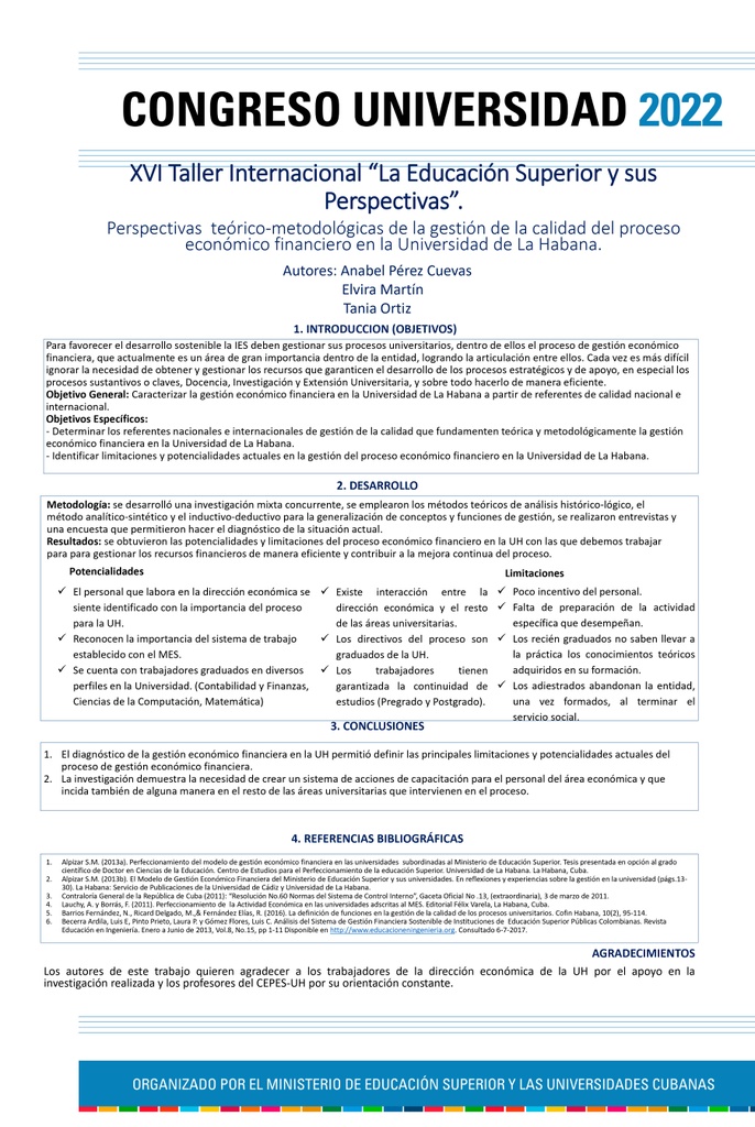 PER-047. Perspectivas teórico-metodológicas de la  gestión de la calidad del proceso económico financiero en la Universidad de La Habana.