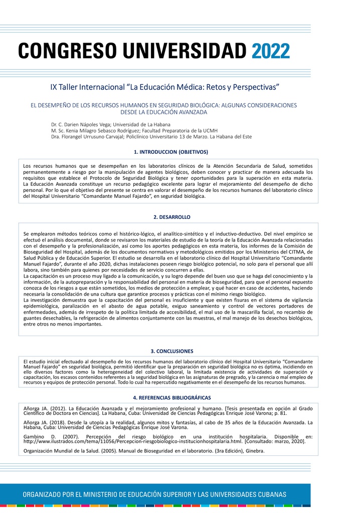 El desempeño de los recursos humanos en seguridad biológica: algunas consideraciones desde la Educación Avanzada