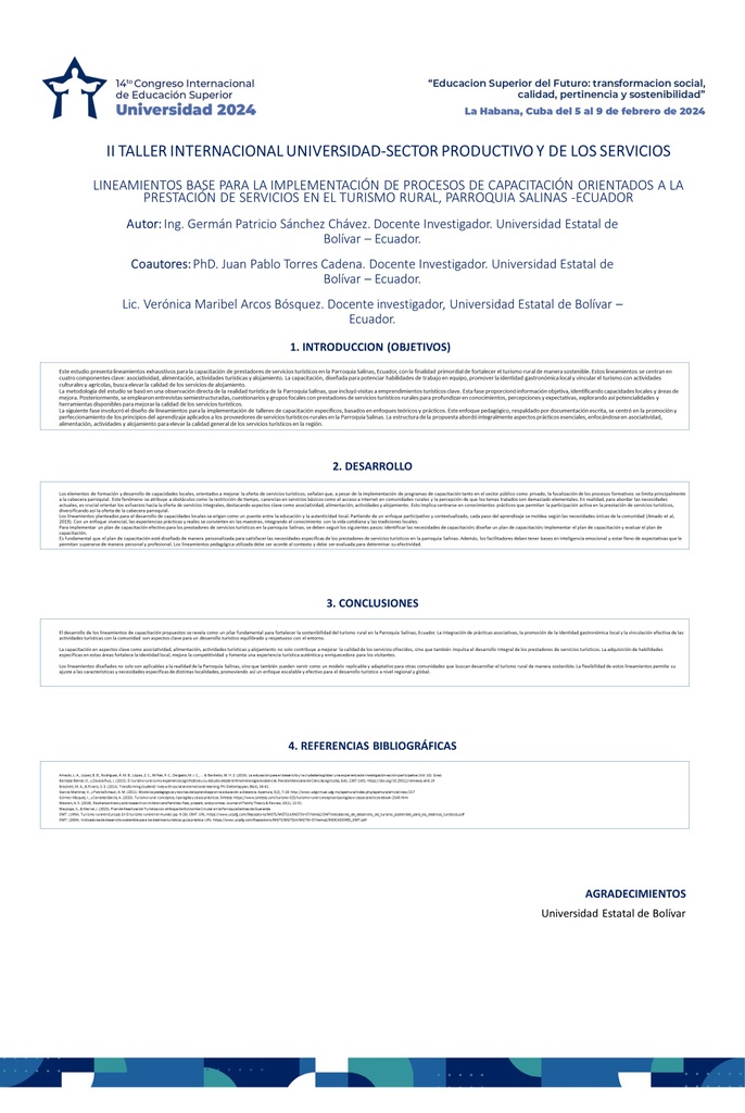 UNE-025 LINEAMIENTOS BASE PARA LA IMPLEMENTACIÓN DE PROCESOS DE CAPACITACIÓN ORIENTADOS A LA PRESTACIÓN DE SERVICIOS EN EL TURISMO RURAL, PARROQUIA SALINAS -ECUADOR