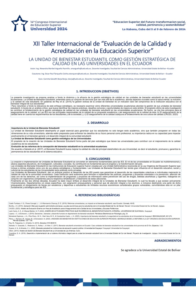 CAL-023 LA UNIDAD DE BIENESTAR ESTUDIANTIL COMO GESTIÓN ESTRATÉGICA DE CALIDAD EN LAS UNIVERSIDADES EN EL ECUADOR