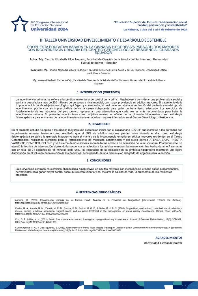 PROPUESTA EDUCATIVA BASADA EN LA GIMNASIA HIPOPRESIVA PARA ADULTOS MAYORES CON INCONTINENCIA URINARIA DEL CENTRO GERONTOLÓGICO RESIDENCIAL GUARANDA ECUADOR