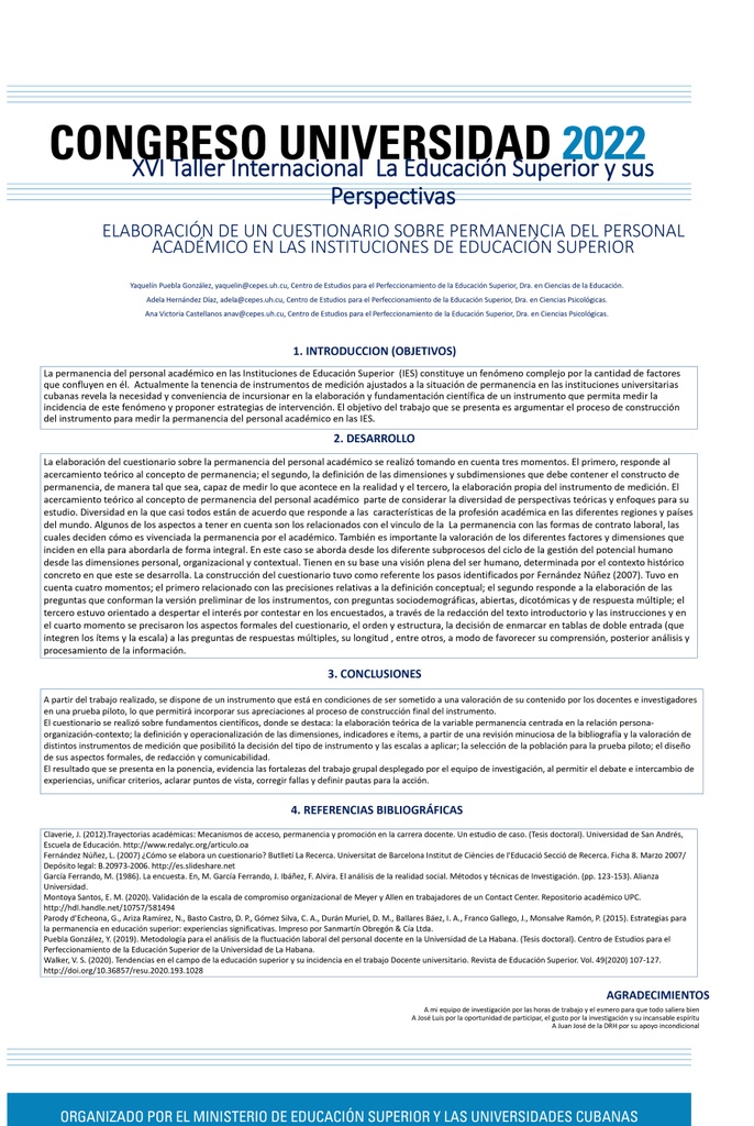 PER-064. Elaboración de un cuestionario sobre permanencia del personal académico en las Instituciones de Educación Superior