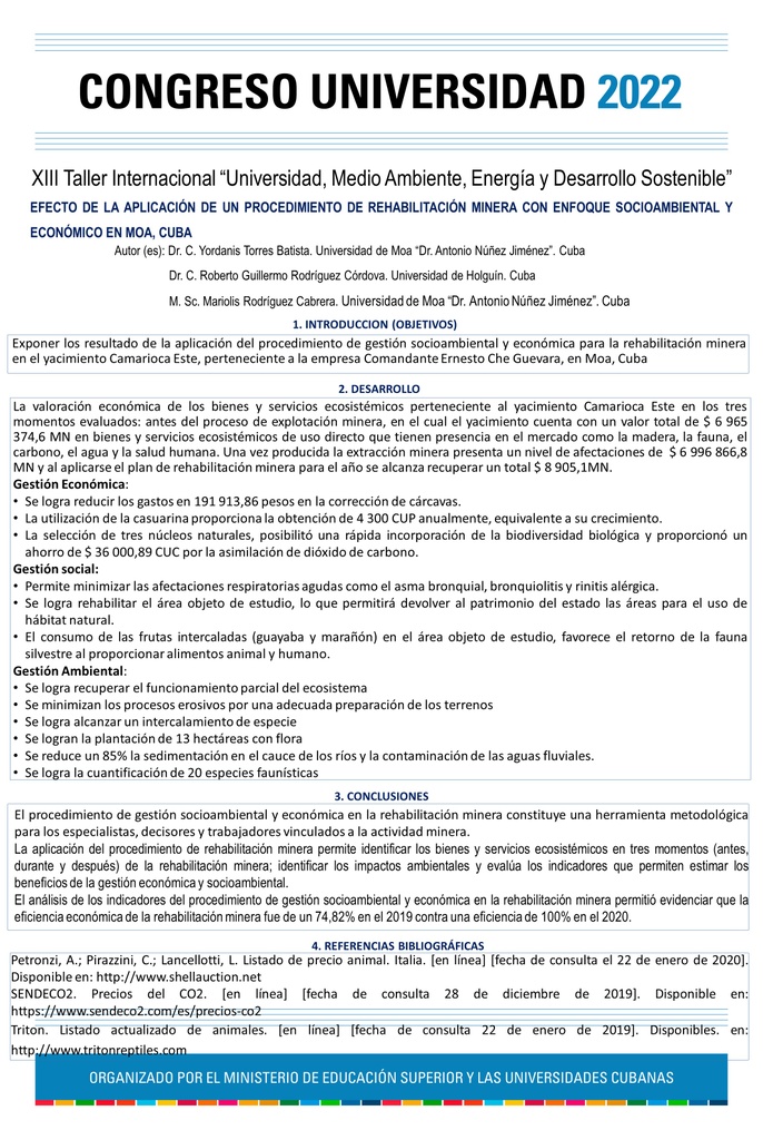 034 Efecto de la aplicación de un procedimiento de rehabilitación minera con enfoque socioambiental y económico en Moa, Cuba