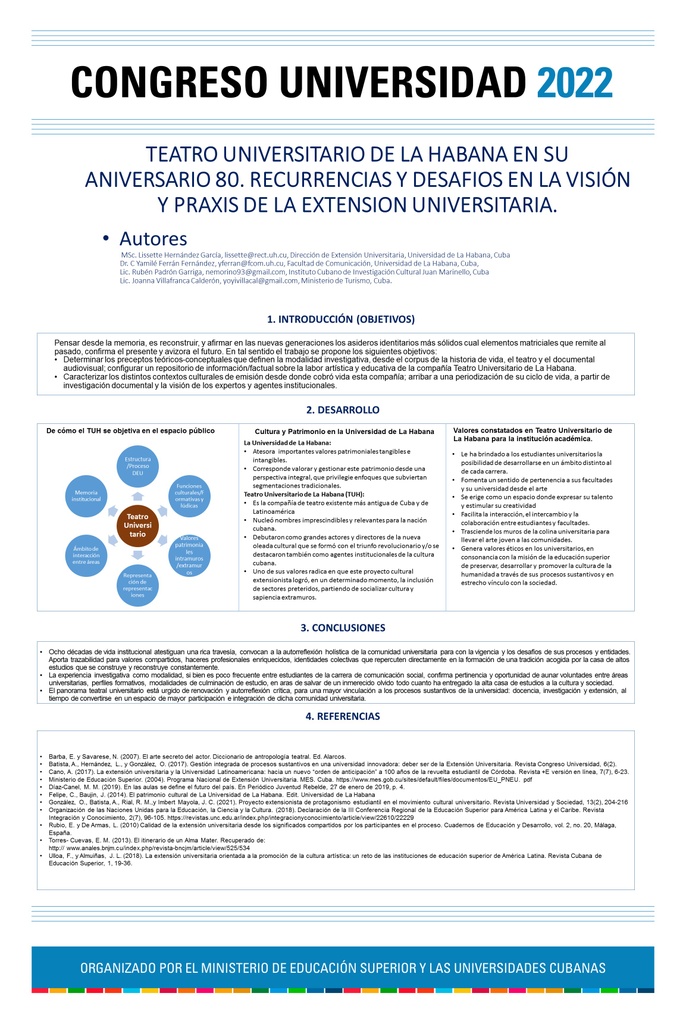 EXT-009. Teatro Universitario de La Habana en su aniversario 80. Recurrencias y desafíos en la visión y praxis de la extensión universitaria.