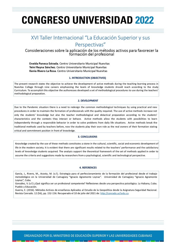 PER-046. CONSIDERACIONES SOBRE LA APLICACIÓN DE LOS MÉTODOS ACTIVOS PARA  FAVORECER LA FORMACIÓN DEL PROFESIONAL