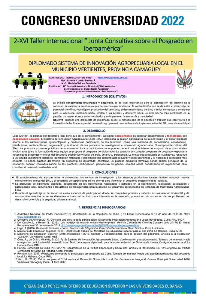 POS-026: Diplomado  Sistema  de  Innovación  Agropecuaria  Local  en  el  municipio  Vertientes, provincia Camagüey