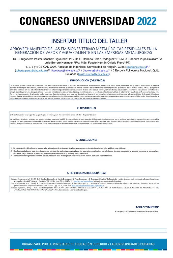 033 Aprovechamiento de las emisiones termo metalúrgicas residuales en la generación de vapor y agua caliente en las empresas metalúrgicas