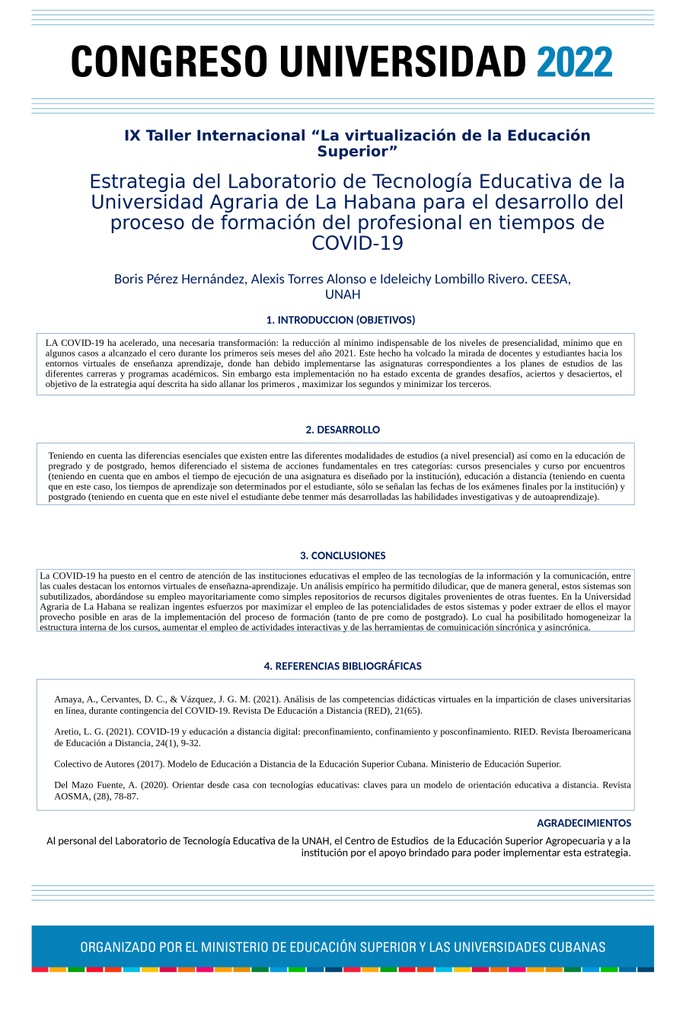 VIR-019. Estrategia del Laboratorio de Tecnología Educativa de la Universidad Agraria de La Habana para el desarrollo del proceso de formación del profesional en tiempos de COVID-19