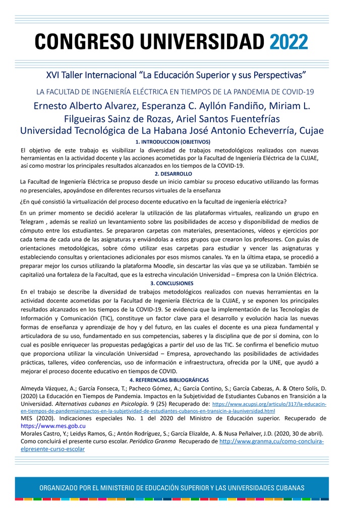 PER-062. LA FACULTAD DE INGENIERÍA ELÉCTRICA EN TIEMPOS DE LA PANDEMIA DE COVID-19