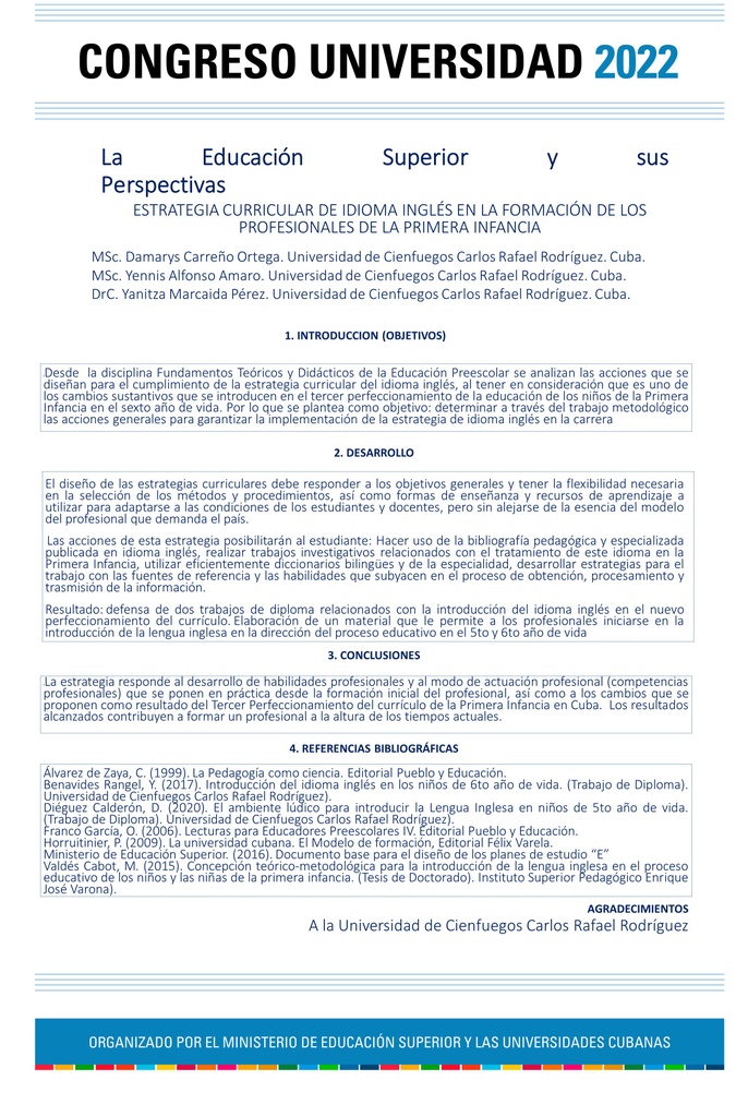 PER-093. ESTRATEGIA CURRICULAR DE IDIOMA INGLÉS EN LA FORMACIÓN DE LOS PROFESIONALES DE LA PRIMERA INFANCIA